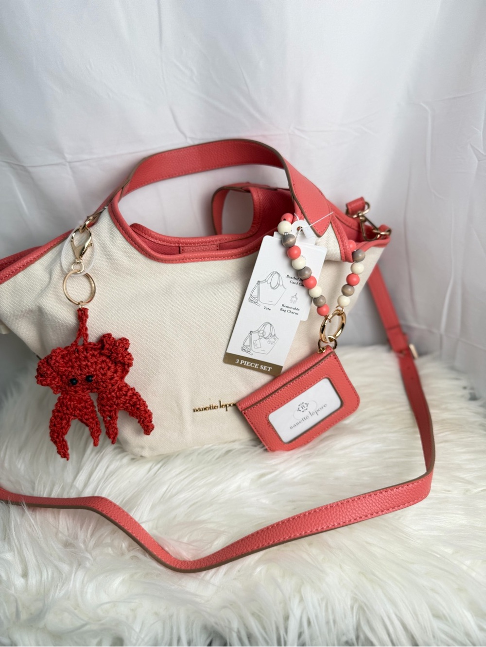 Nanette Lepore Coral Tote Bag – 3 Piece Set with Card Holder & Charm